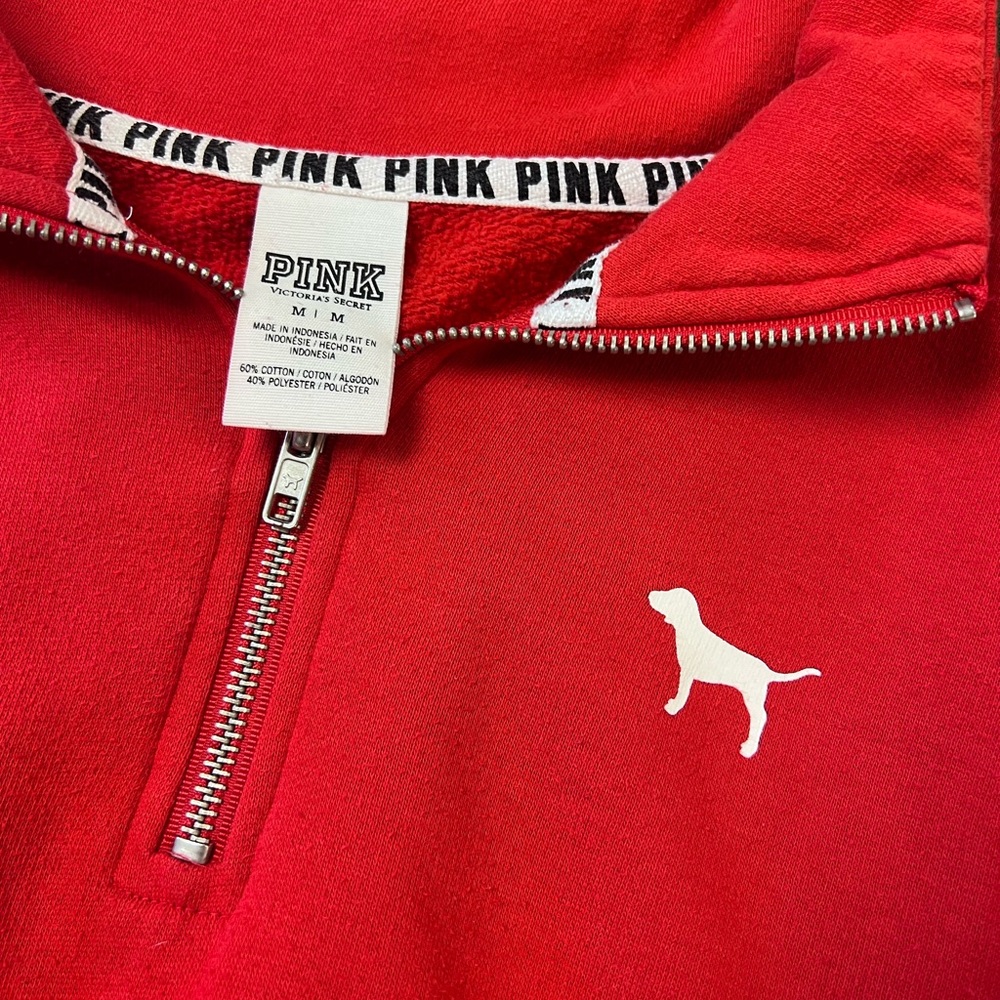 Victoria's Secret PINK Red Quarter Zip Sweatshirt Fleece Pullover Logo Medium - Picture 4 of 4